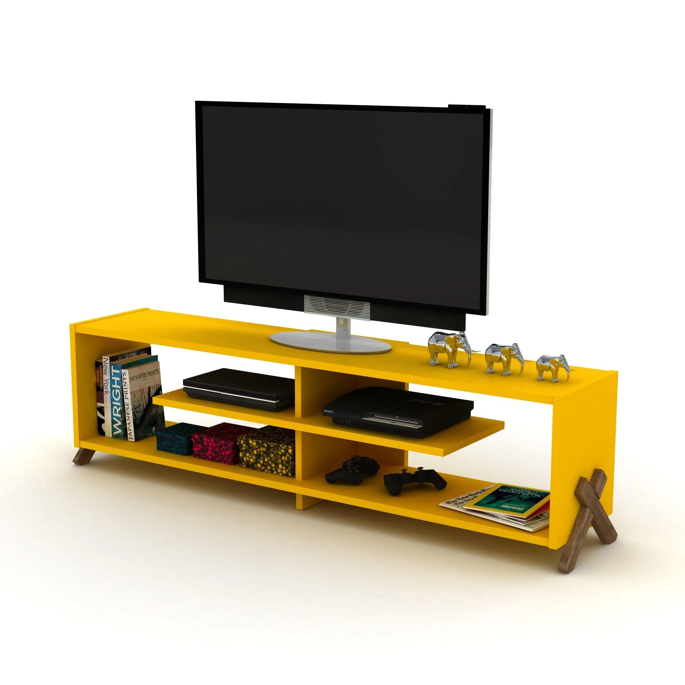57 inch Mid Century Modern Tv Stand 4 Shelves Open Storage Wood Legs Entertainment Centre Low Tv Unit, Walnut/Yellow