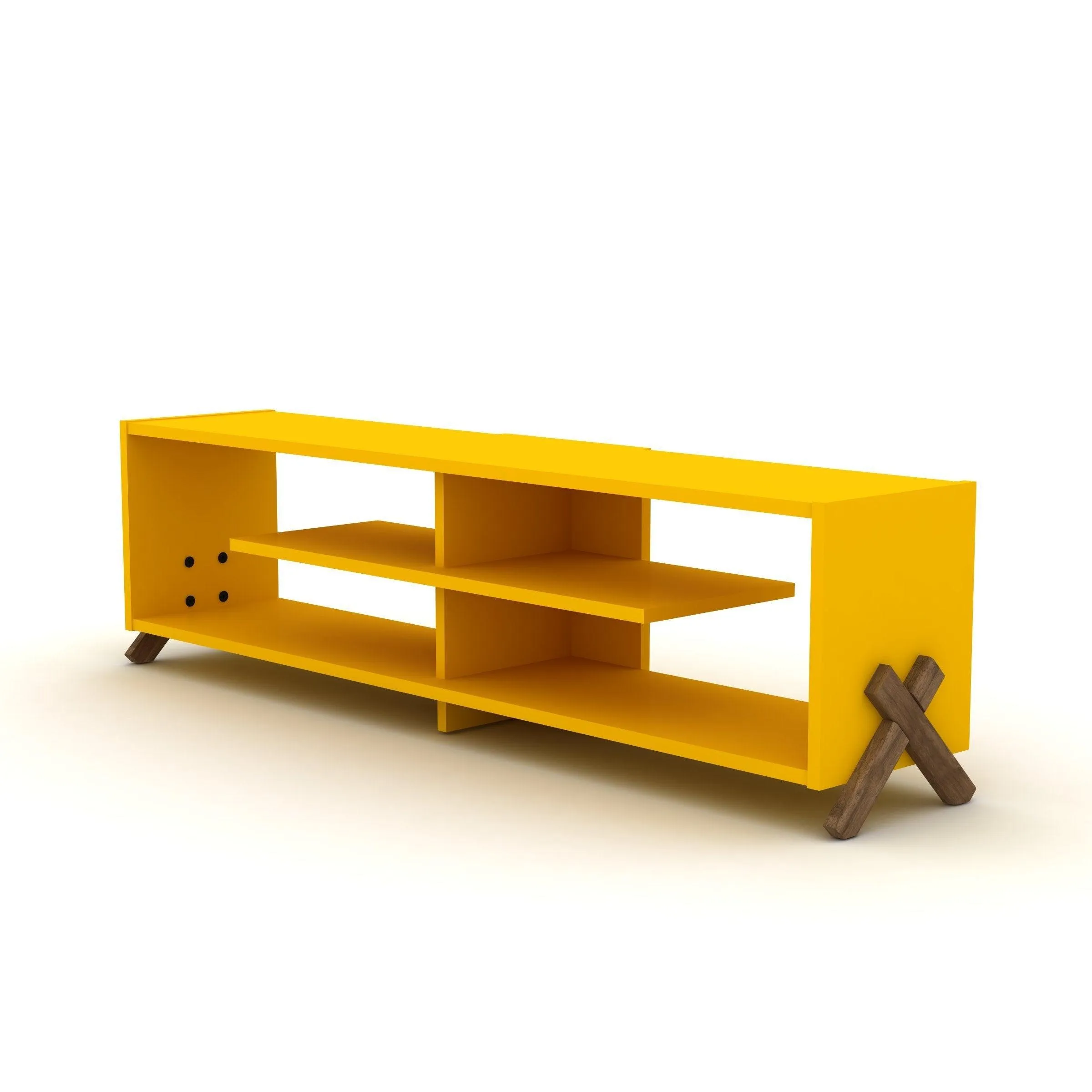 57 inch Mid Century Modern Tv Stand 4 Shelves Open Storage Wood Legs Entertainment Centre Low Tv Unit, Walnut/Yellow