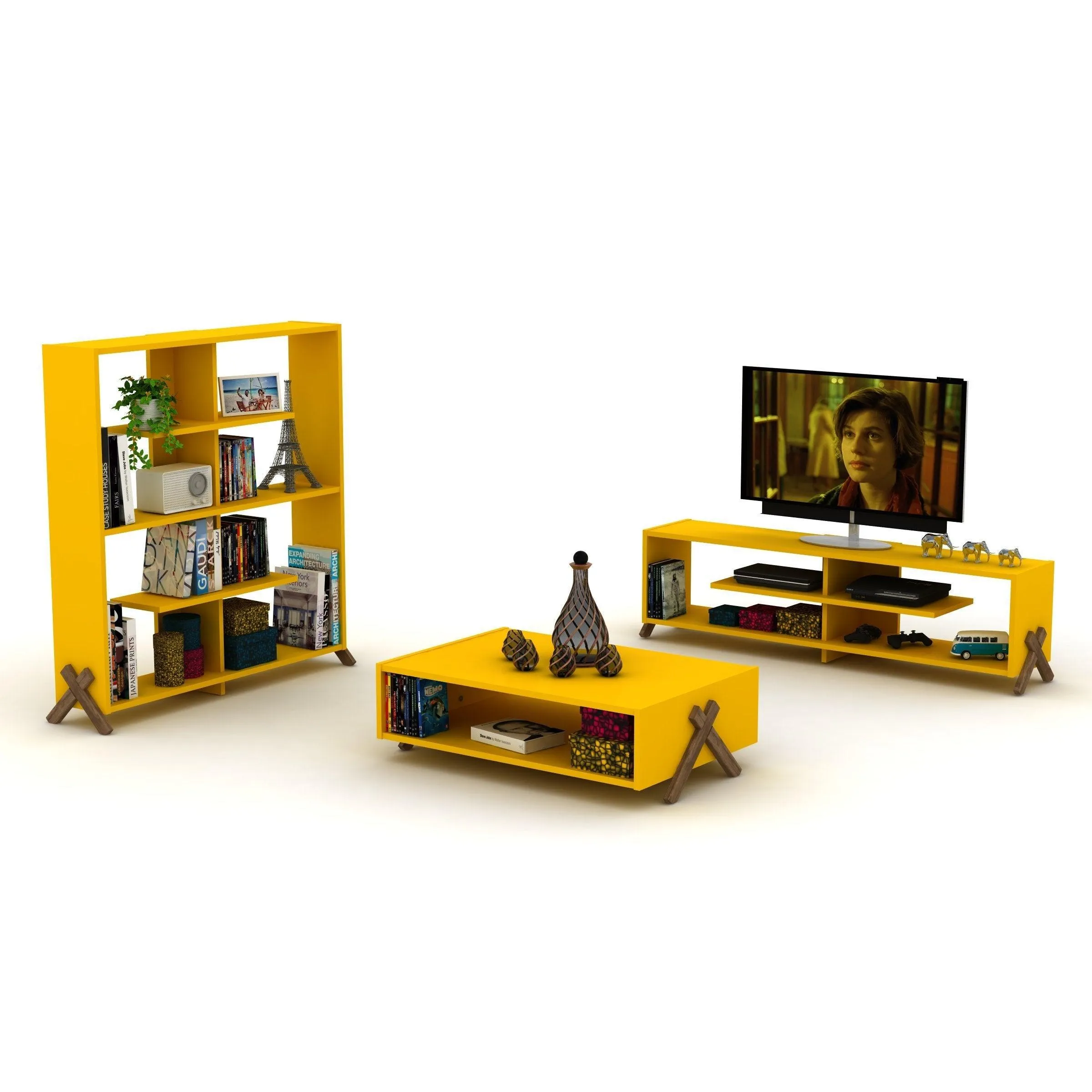 57 inch Mid Century Modern Tv Stand 4 Shelves Open Storage Wood Legs Entertainment Centre Low Tv Unit, Walnut/Yellow