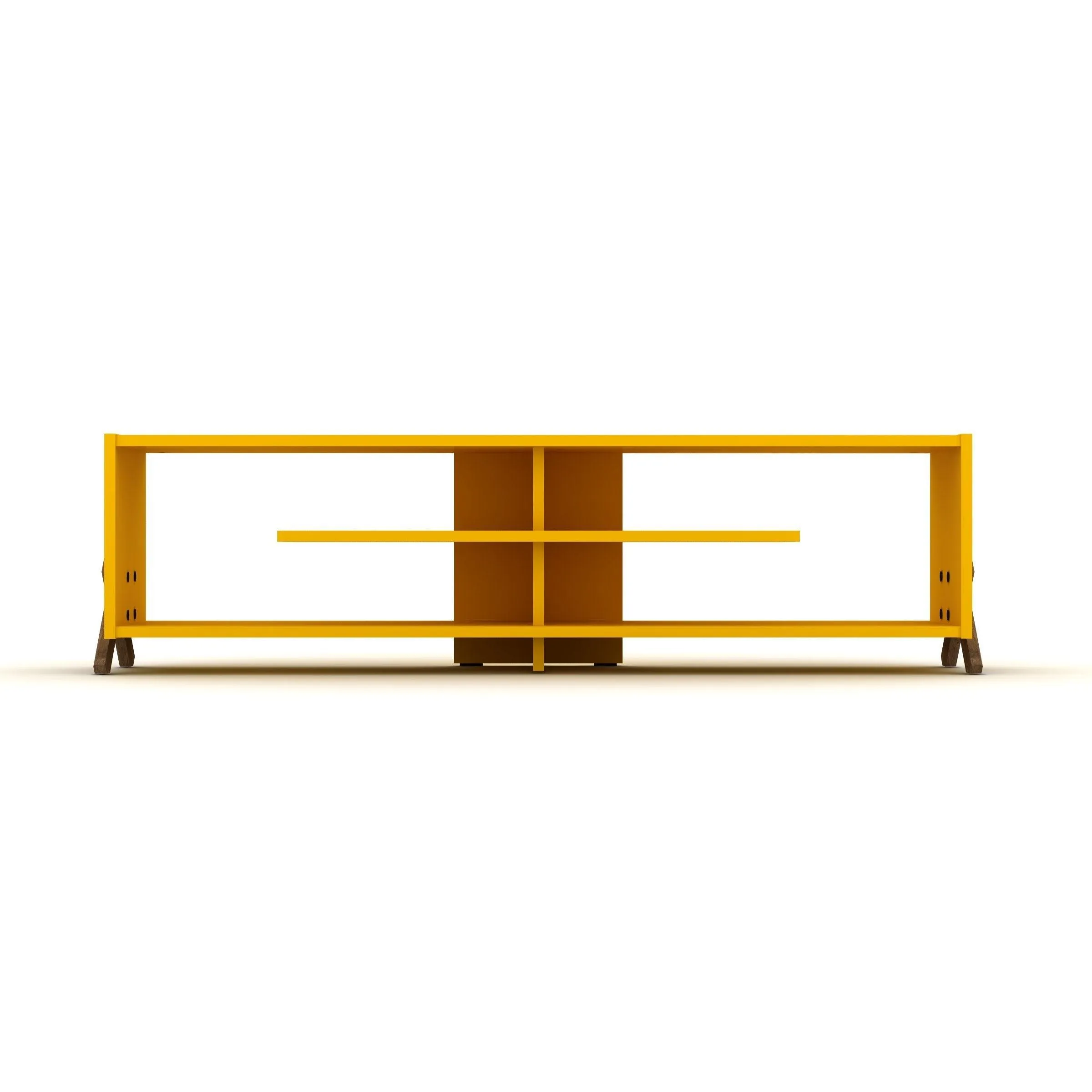 57 inch Mid Century Modern Tv Stand 4 Shelves Open Storage Wood Legs Entertainment Centre Low Tv Unit, Walnut/Yellow