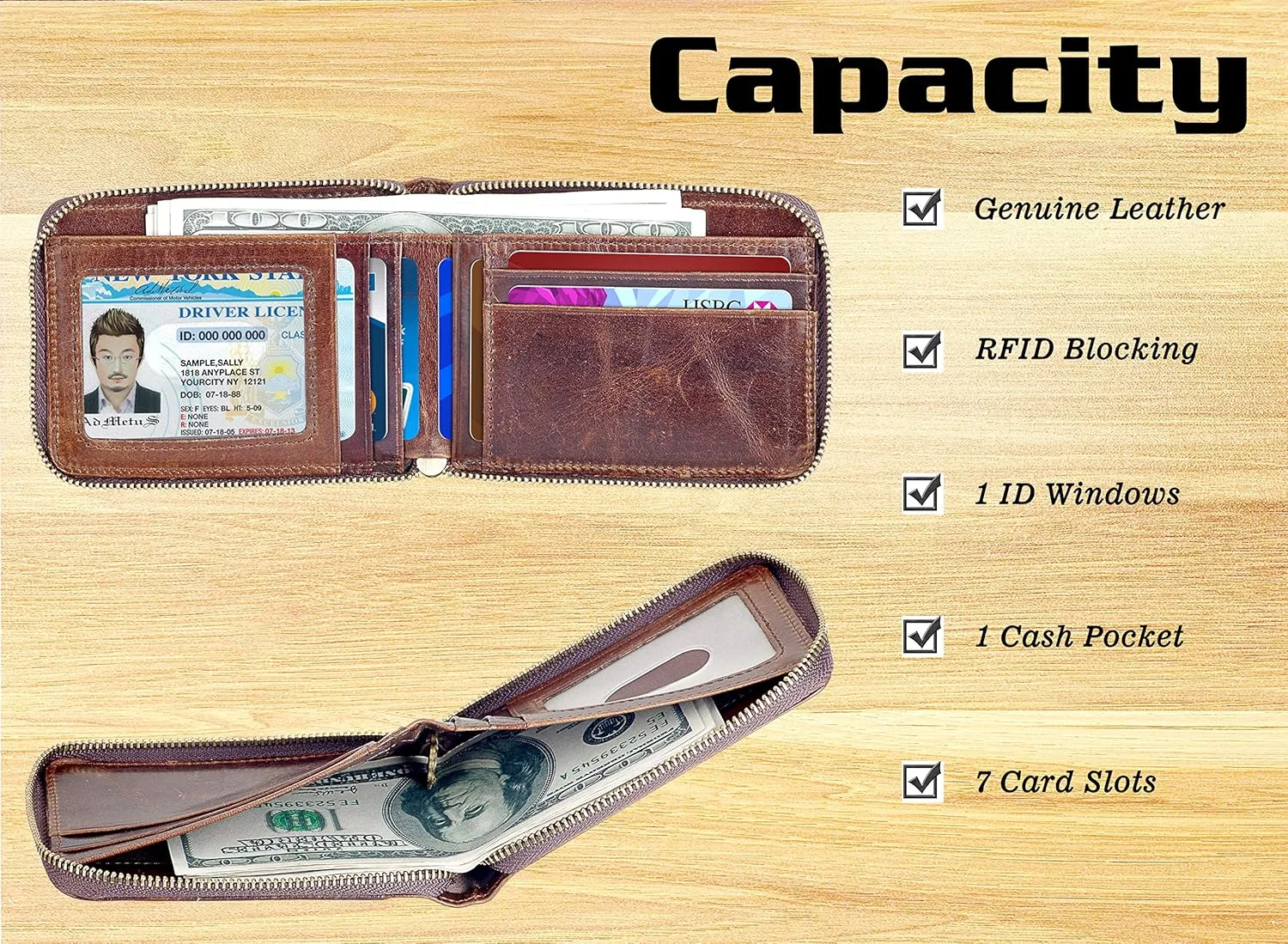Admetus Men's Zipper Wallet Leather Bifold Wallets Slim RFID Blocking Zip Around Credit Card Holder Compact Small Wallet