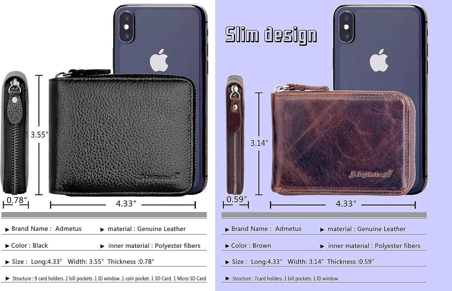 Admetus Men's Zipper Wallet Leather Bifold Wallets Slim RFID Blocking Zip Around Credit Card Holder Compact Small Wallet