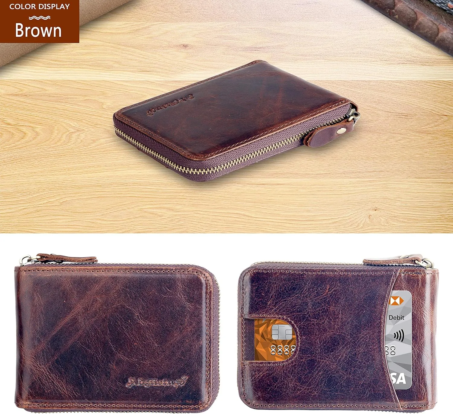 Admetus Men's Zipper Wallet Leather Bifold Wallets Slim RFID Blocking Zip Around Credit Card Holder Compact Small Wallet
