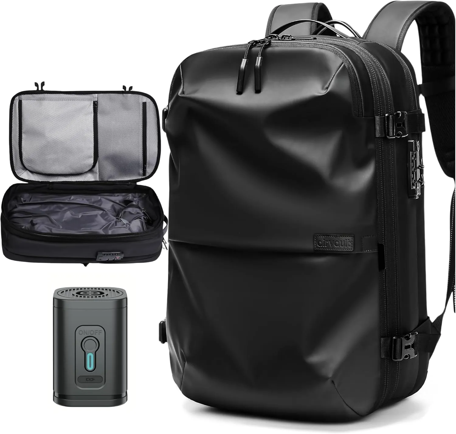 AirVault Vacuum Seal Travel Backpack 60L - Expandable Air Compression Vacuum System, Airback, Vacpack, Water-Resistant, Carry-On with TSA Lock Fits 19" Laptop, Backvac (Black)