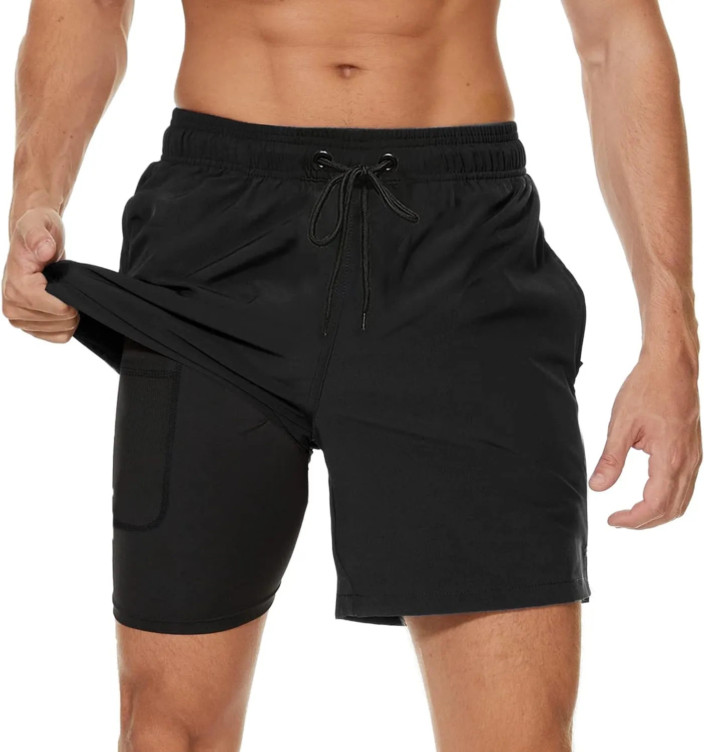 Arcweg Mens Swim Trunks with Compression Liner 2 in 1 Beach Swimming Trunks Quick Dry Swim Shorts with Zipper Pockets