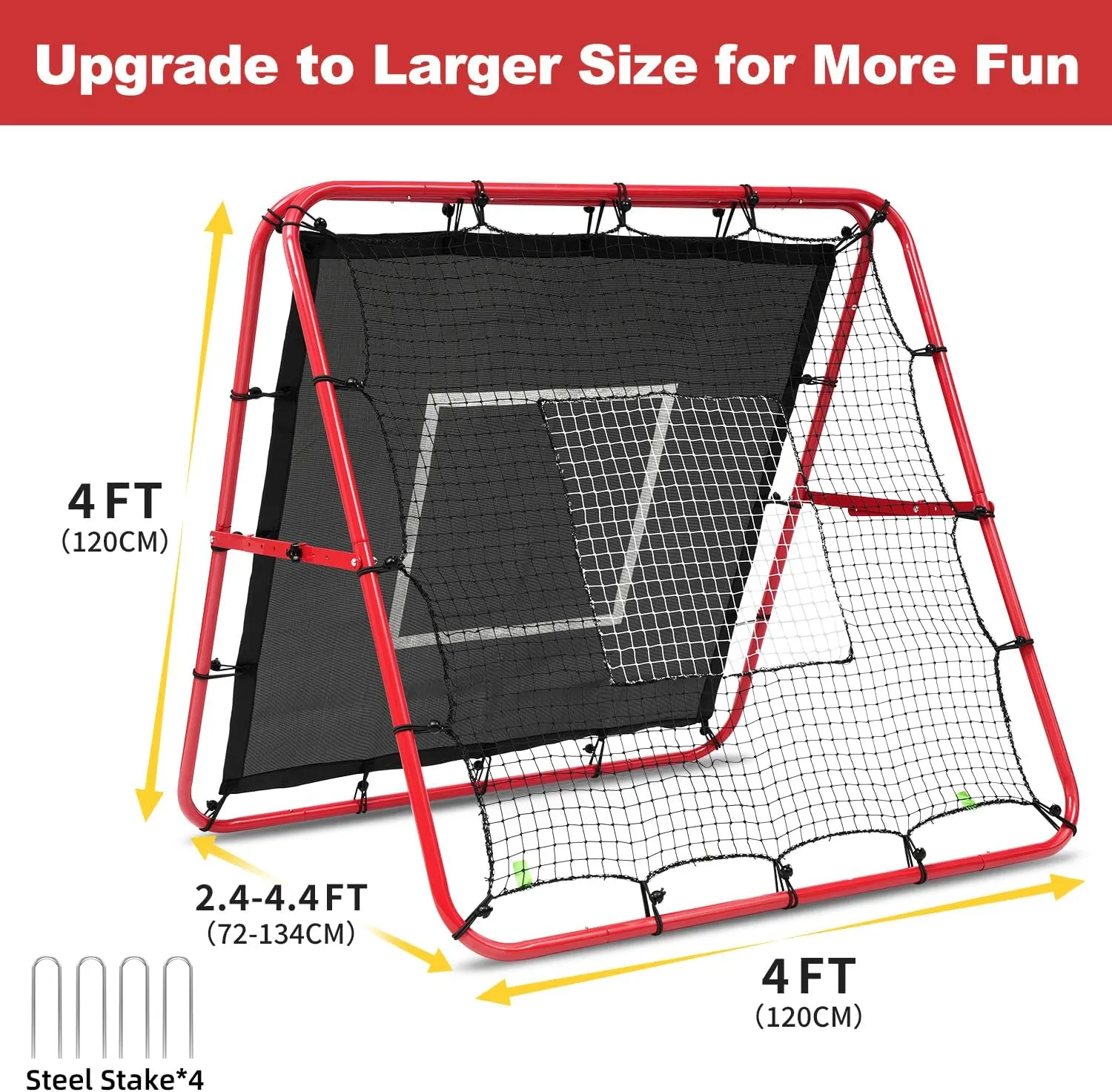 BAGAIL Double Sided Rebounder Net - 4 x 4 Ft Soccer, Baseball & Softball Pitch-Back Rebound Net - Ground, Line Drive & Fly Ball Return Settings - Fielding Trainer with Target for Skills Training