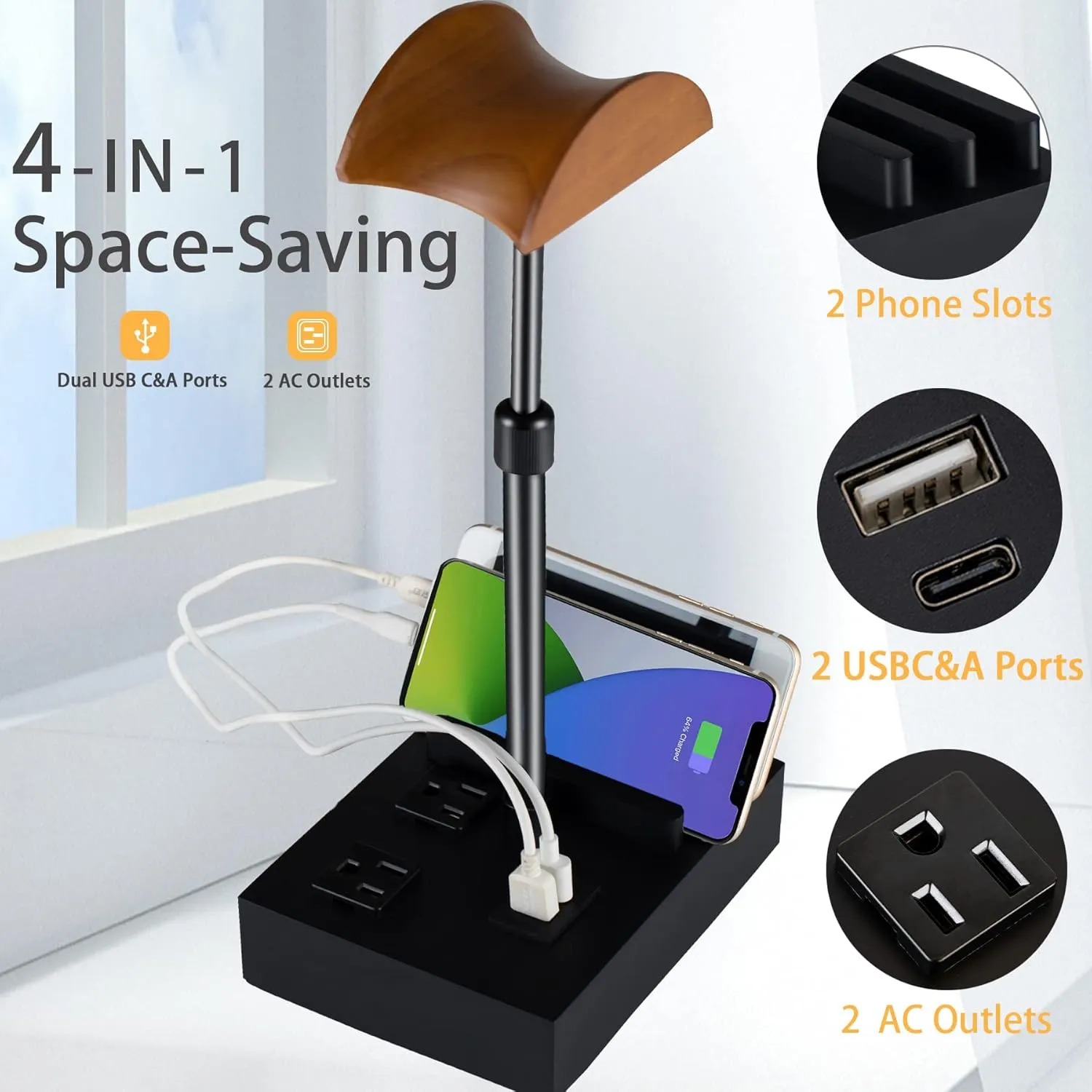 CASTLELIFE Headphone Stand Desktop Gaming Headset Holder with 2 AC Outlets and USB C&A Ports, Charging Station&Phone Stands, Height Adjustable Wood Earphone Table Game Accessories for Desktop Gamer