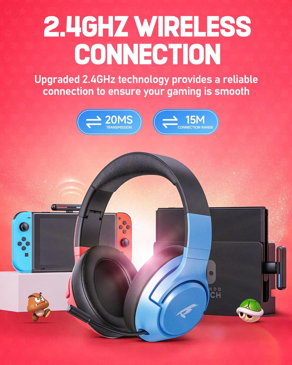 CG-01 2.4Ghz Wireless Gaming Headset for Nintendo SwitchOLEDLite, Bluetooth 5.4 Gaming Headphones with Noise Cancelling Microphone, 40Hr Battery, USB & Type-C Connector for PS5, PS4, PC, Laptop, Mac