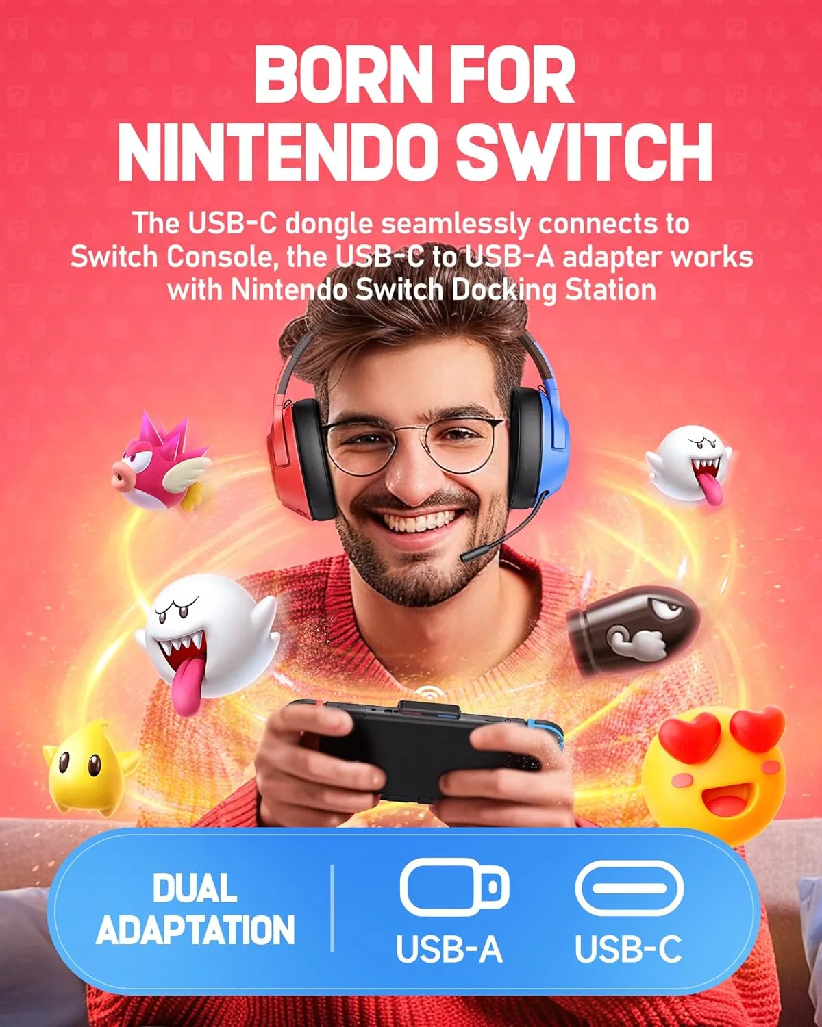 CG-01 2.4Ghz Wireless Gaming Headset for Nintendo SwitchOLEDLite, Bluetooth 5.4 Gaming Headphones with Noise Cancelling Microphone, 40Hr Battery, USB & Type-C Connector for PS5, PS4, PC, Laptop, Mac