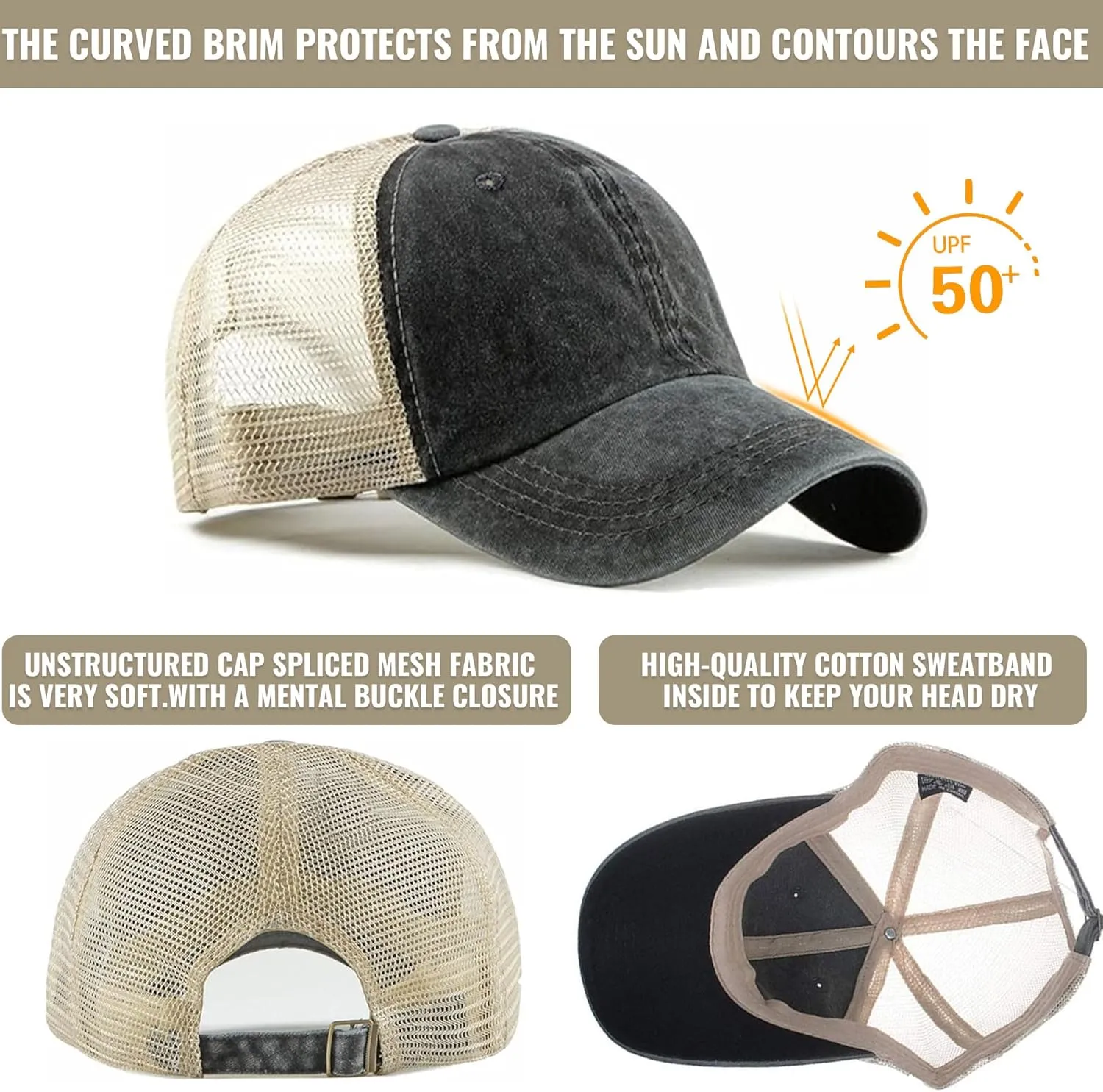 Croogo Men's Adjustable Mesh Back Cap Curved Bill Snapback Mesh Baseball Cap Retro Washed Trucker Cap Breathable Sun Hat