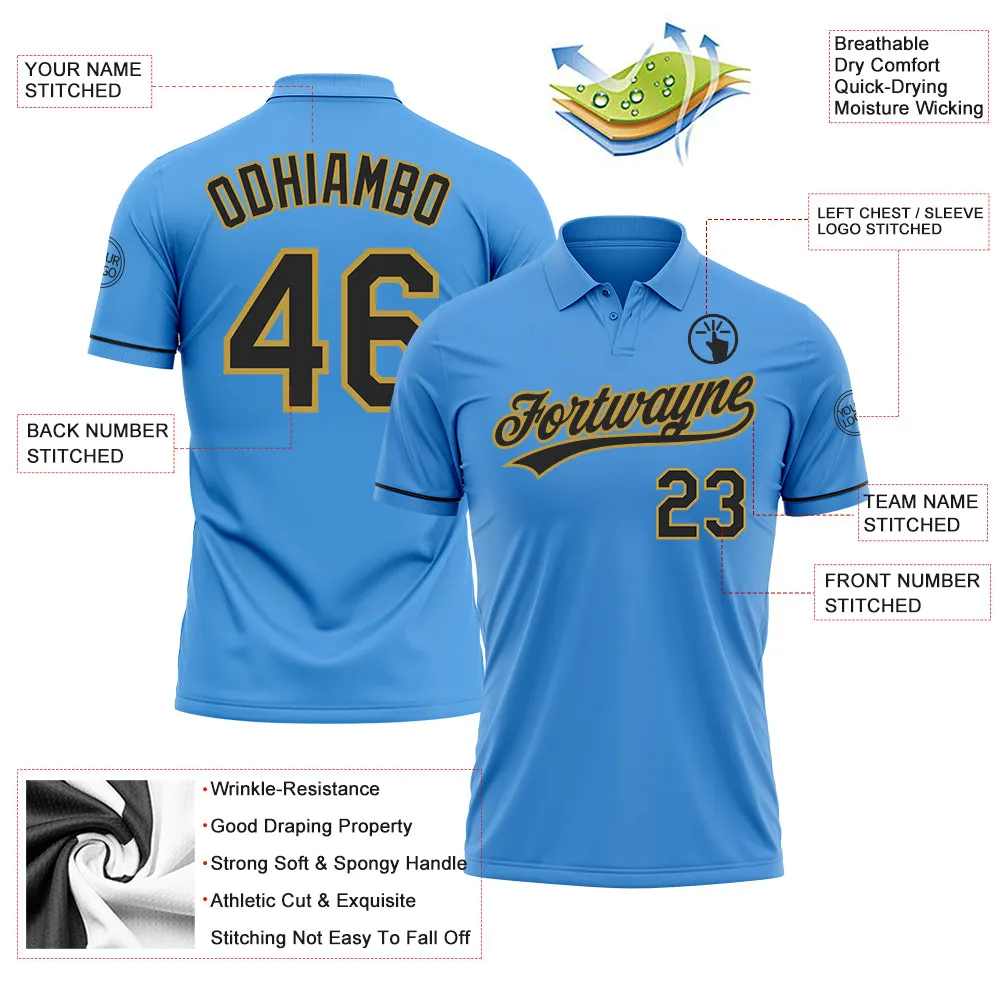 Custom Powder Blue Black-Old Gold Performance Vapor Golf Polo Shirt