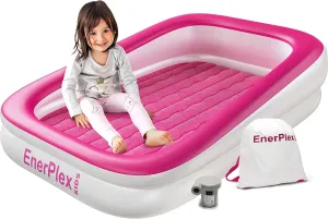 EnerPlex Inflatable Travel Bed with High Speed Pump, Portable Air Mattress for Kids on The Go, Blow up Toddler with Sides  Built-in Safety Bumper - Pink