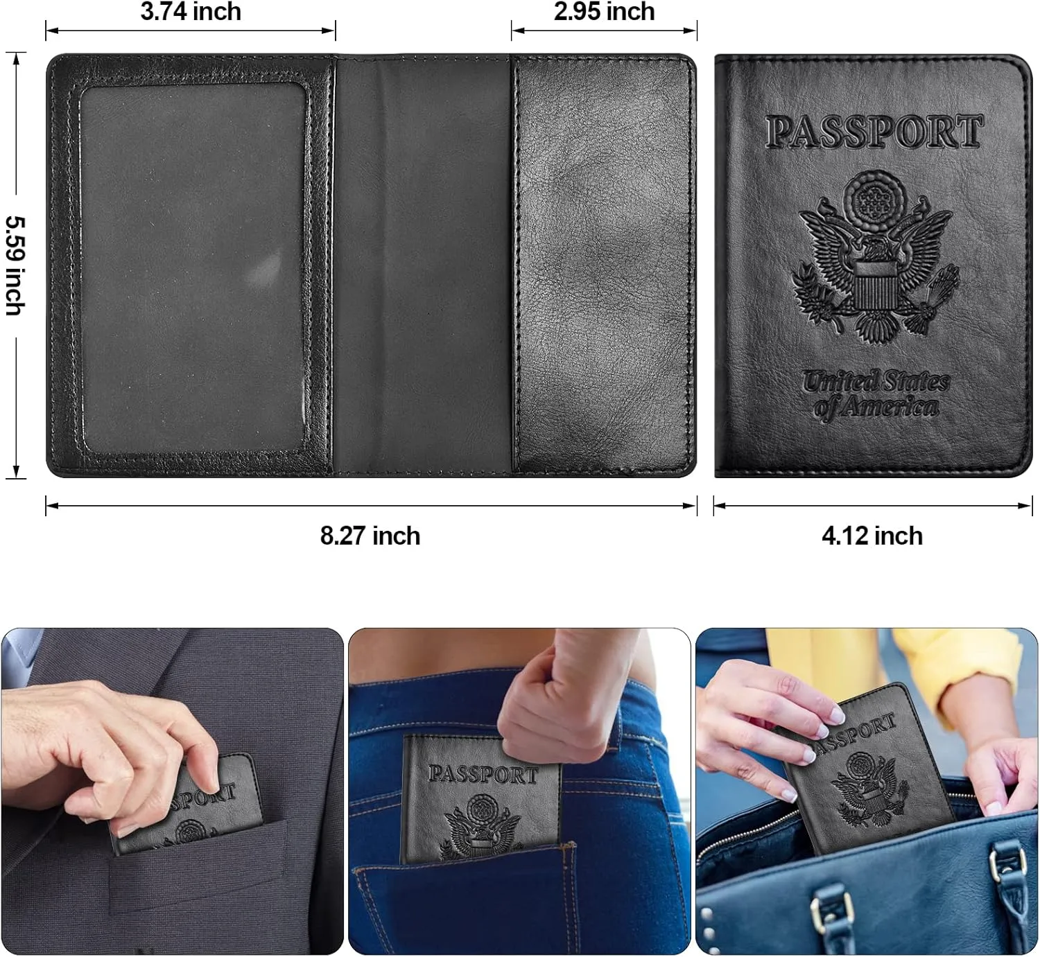 Eoehro Passport and Vaccine Card Holder Combo, Faux Leather, Compact, Lightweight, Waterproof, AA-Black