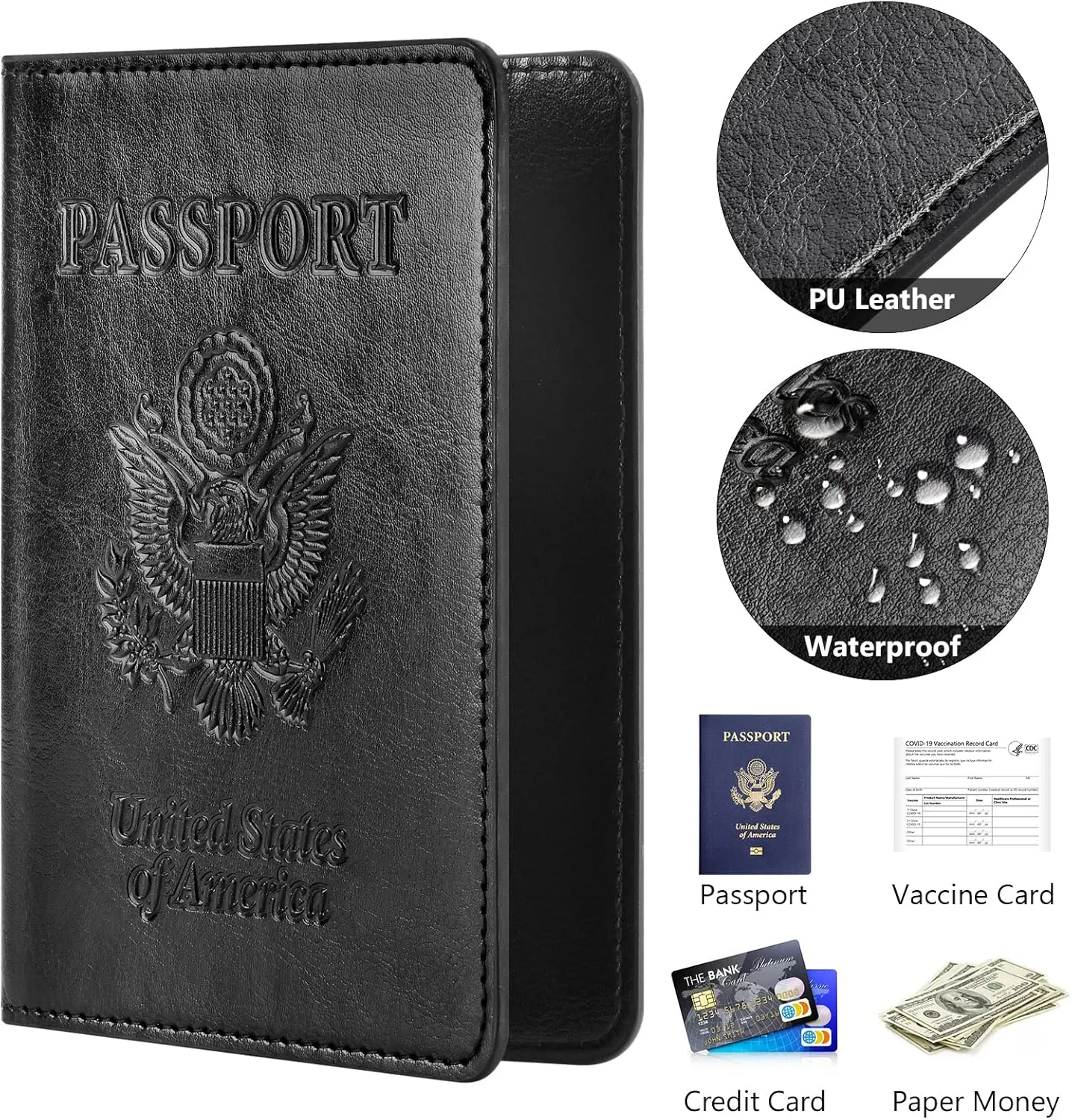Eoehro Passport and Vaccine Card Holder Combo, Faux Leather, Compact, Lightweight, Waterproof, AA-Black