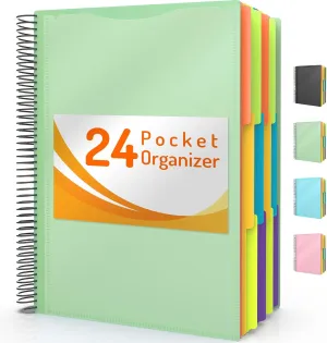 Forvencer 24 Pocket Project Organizer, 1/3-cut Tab Binder Organizer with Sticky Labels, Multi Pocket Folder with Zipper Pouch, Folder Binder Spiral Pocket Notebook, Office Supplies
