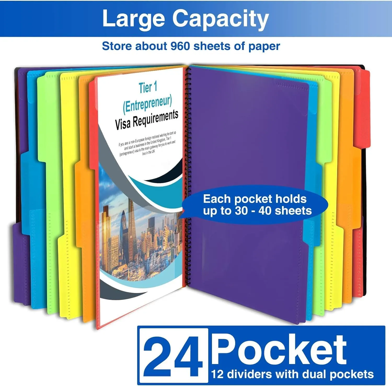 Forvencer 24 Pocket Project Organizer, 1/3-cut Tab Binder Organizer with Sticky Labels, Multi Pocket Folder with Zipper Pouch, Folder Binder Spiral Pocket Notebook, Office Supplies