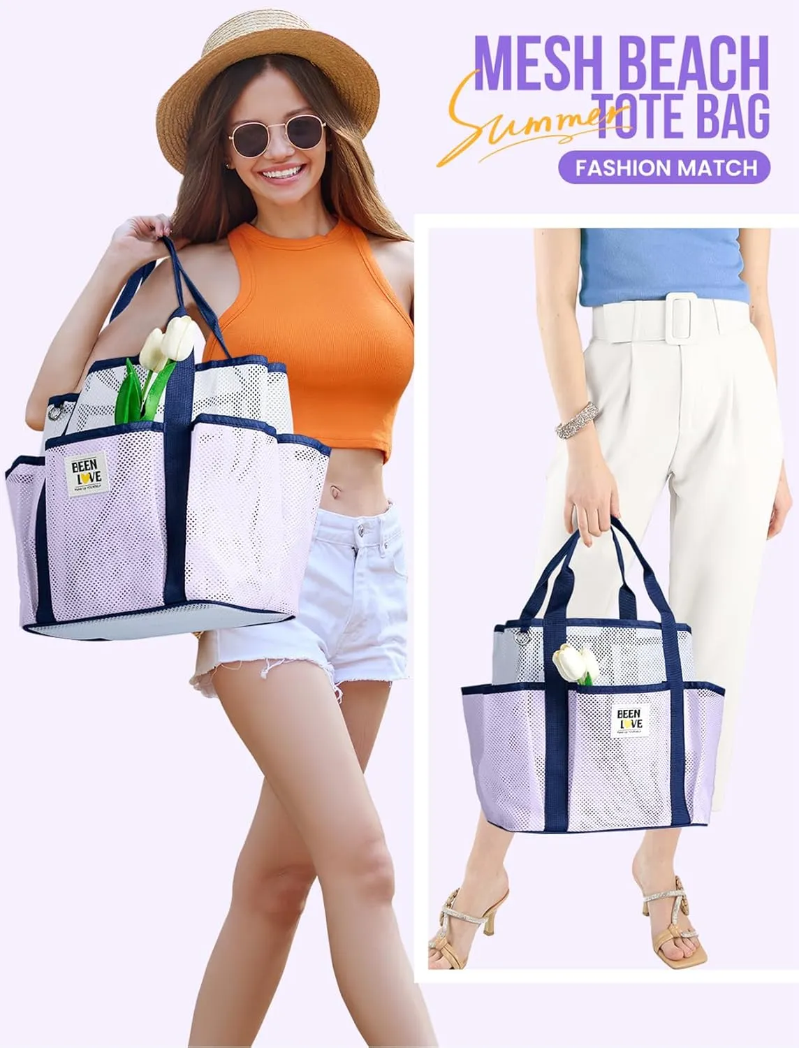 Mesh Beach Bag for Women, Lightweight Beach Tote Bag Sandproof Pool Bag with 8 Pockets for Travel Vacation Essentials