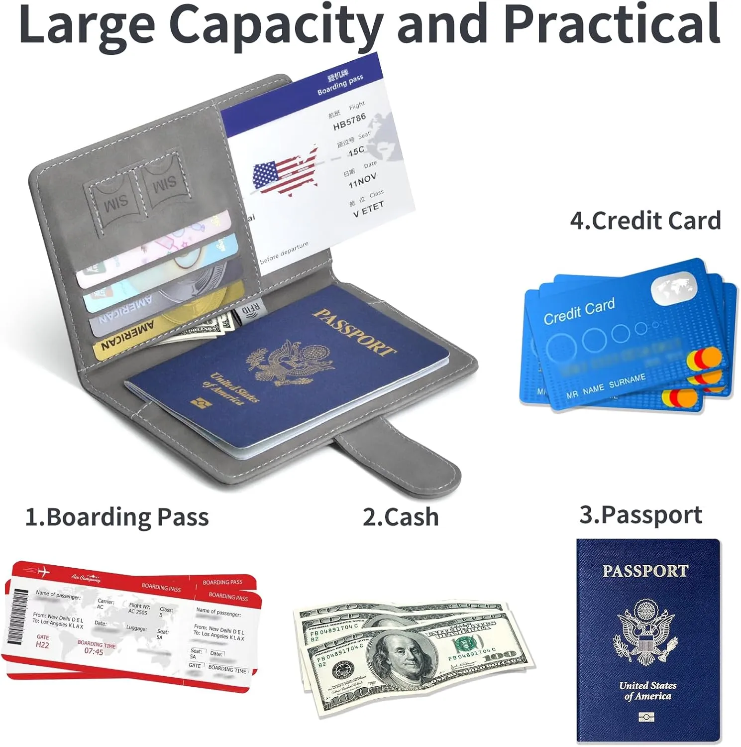 Passport Holder, Passport Cover with Credit Card Slot and Boarding Pass Slot Combo, Passport Wallet Case Book Travel Must Have, RFID Blocking Leather Travel Accessories, Grey