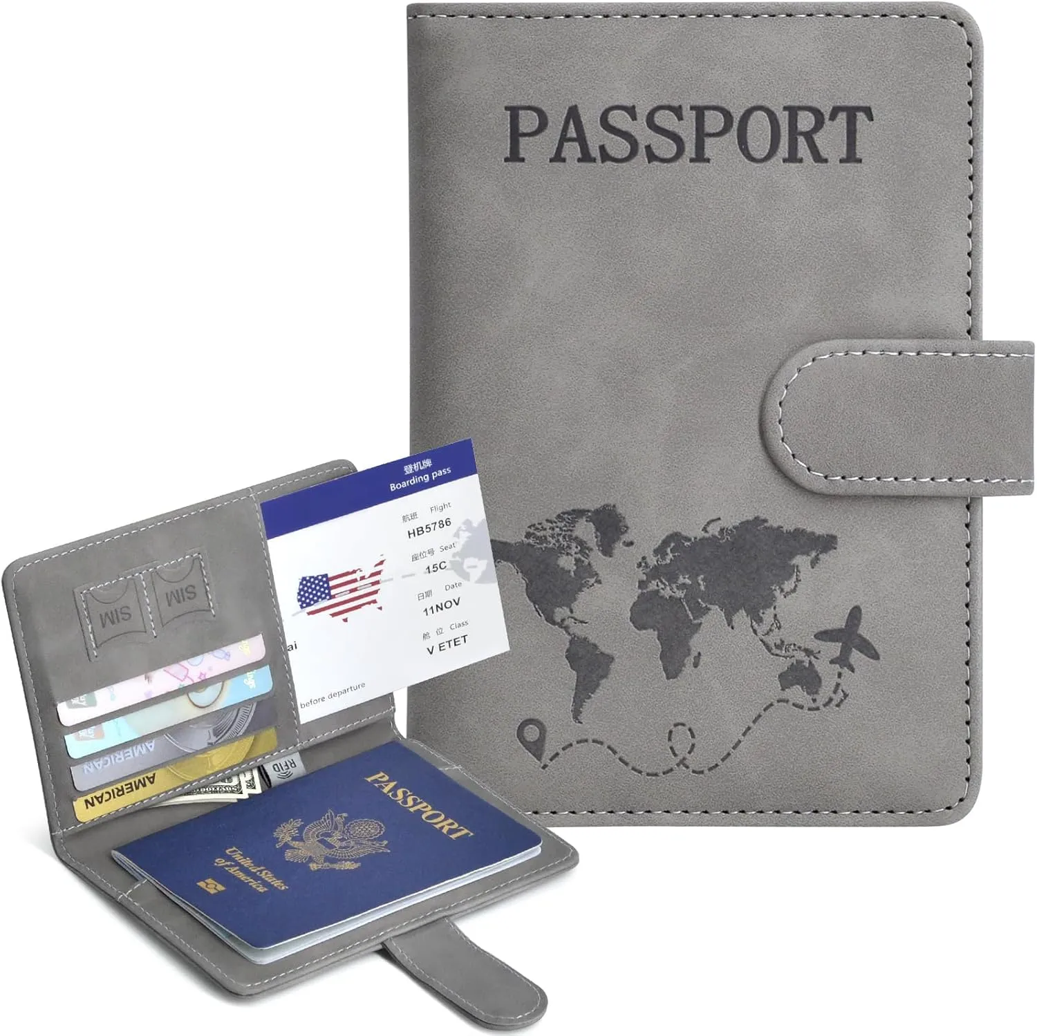 Passport Holder, Passport Cover with Credit Card Slot and Boarding Pass Slot Combo, Passport Wallet Case Book Travel Must Have, RFID Blocking Leather Travel Accessories, Grey
