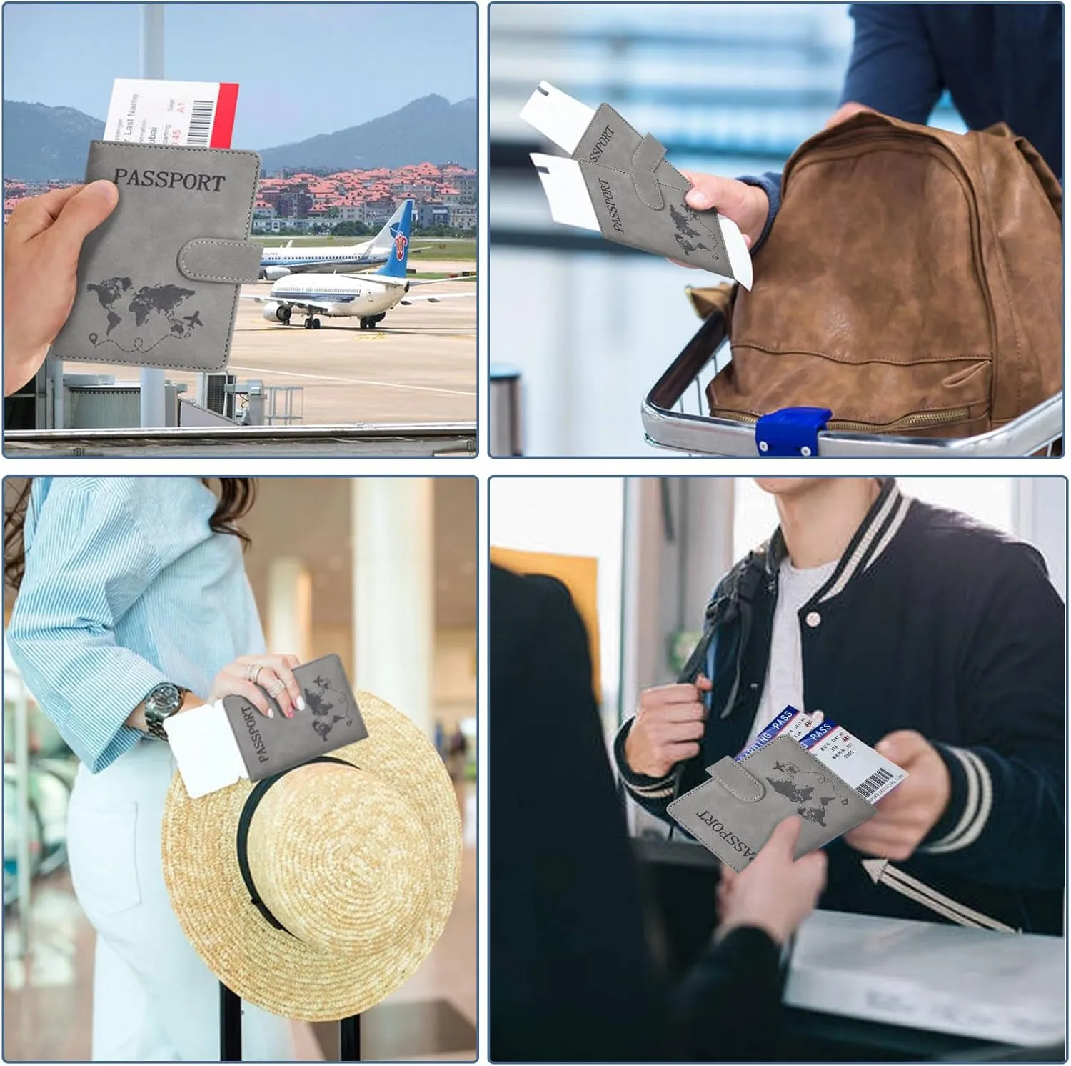 Passport Holder, Passport Cover with Credit Card Slot and Boarding Pass Slot Combo, Passport Wallet Case Book Travel Must Have, RFID Blocking Leather Travel Accessories, Grey