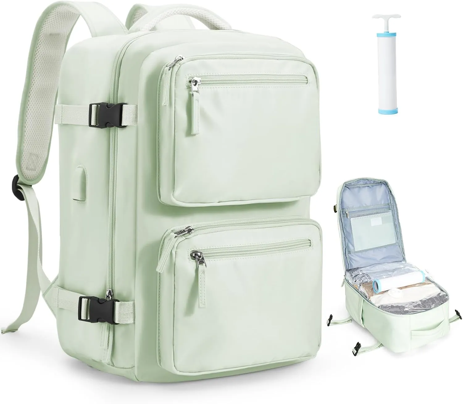 PAUBACK Large Vacuum Backpack for Travel with Hand Pump, Carry on Backpack with Detachable Compression Bag for Women Men, Luggage Flight Approved Backpacks for Flight Approved - Mint Green