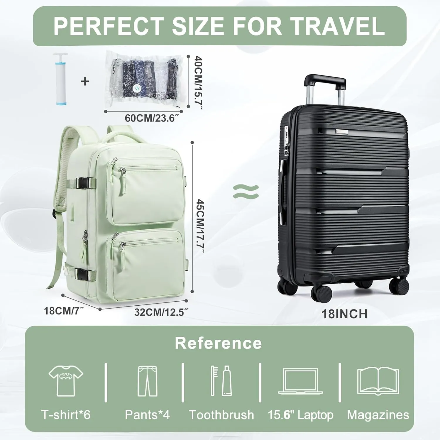 PAUBACK Large Vacuum Backpack for Travel with Hand Pump, Carry on Backpack with Detachable Compression Bag for Women Men, Luggage Flight Approved Backpacks for Flight Approved - Mint Green