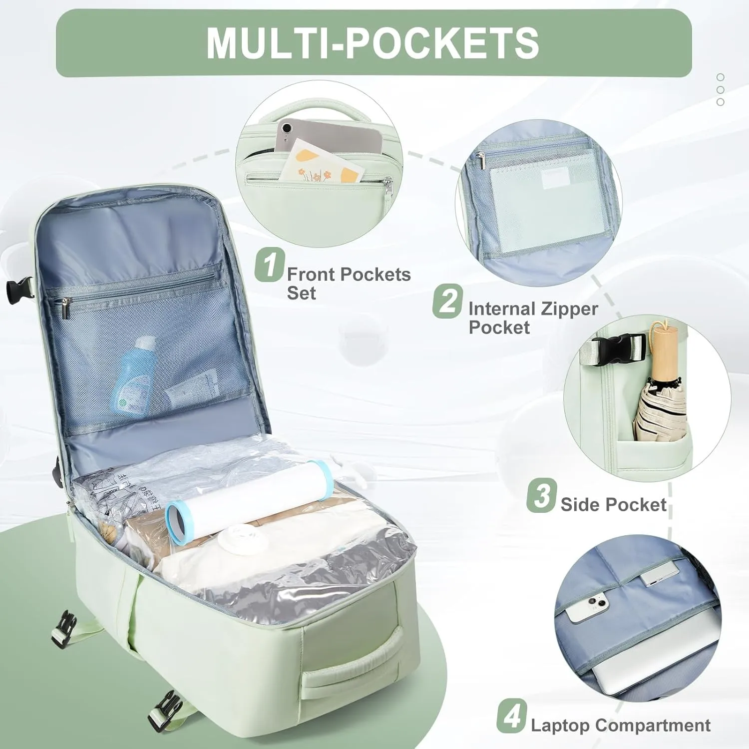 PAUBACK Large Vacuum Backpack for Travel with Hand Pump, Carry on Backpack with Detachable Compression Bag for Women Men, Luggage Flight Approved Backpacks for Flight Approved - Mint Green