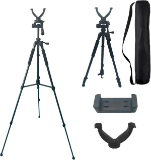 Rifle Shooting Tripod with 360 Swivel V-Bracket and Camera Tripod Mount Adapter - Aluminum Frame, Bubble Level, Adjustable Legs for Hunting and Outdoor Activities