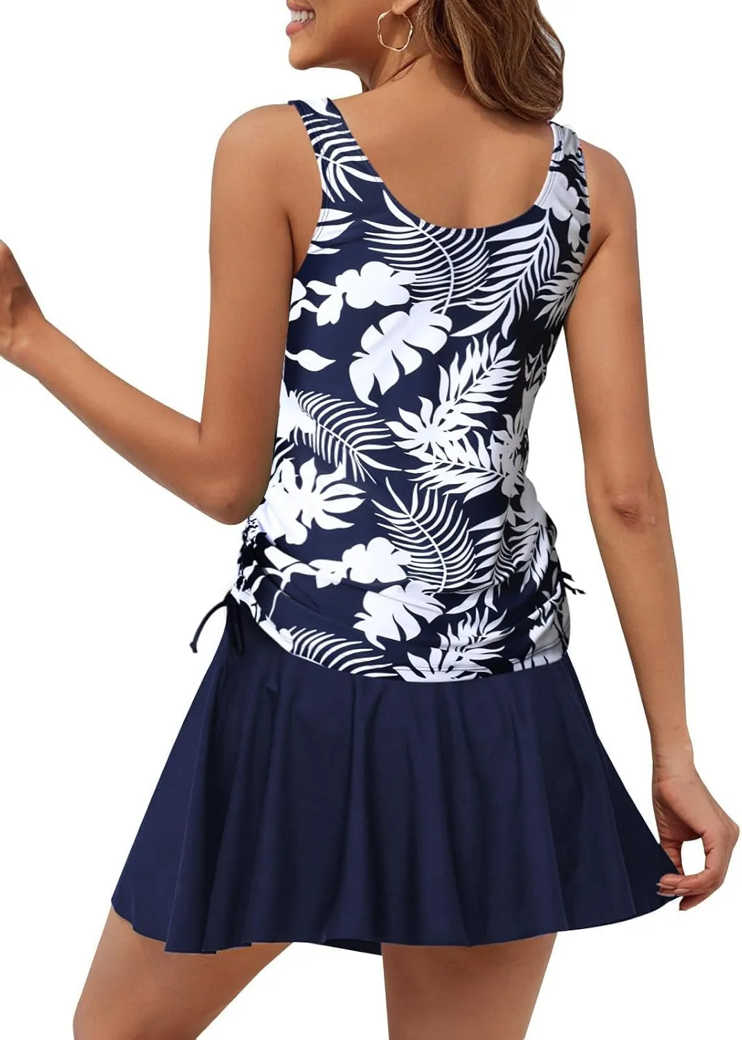 SEAFORM Women's Two-Piece Tankini Swimsuits Tummy Control Bathing Suits False Two-Piece Tankini Top with Swim Dress for Women