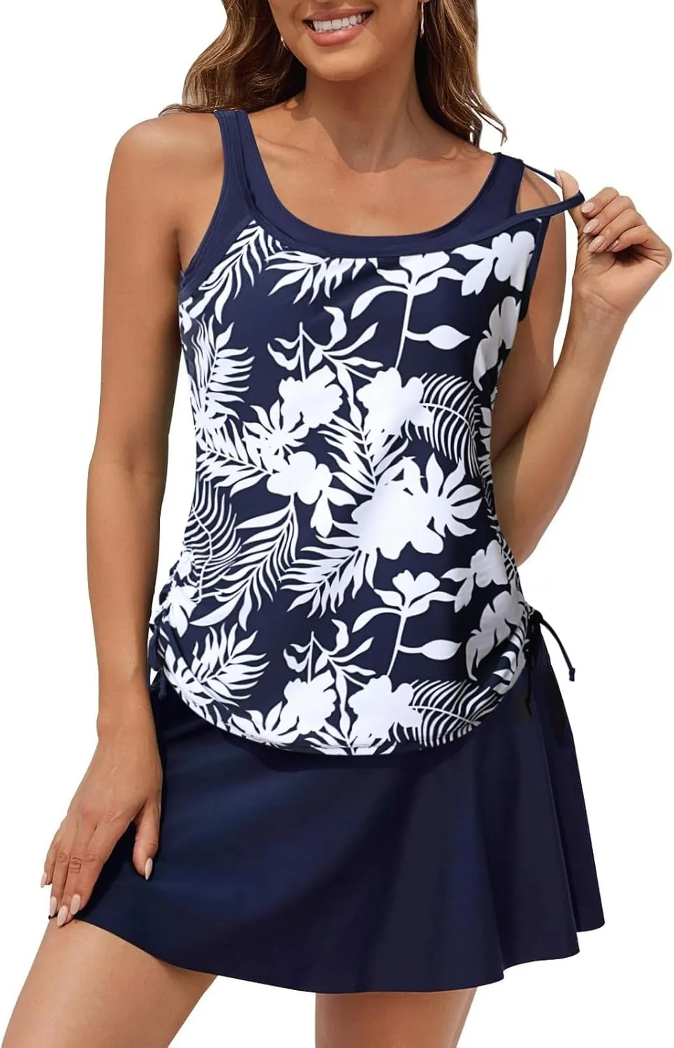 SEAFORM Women's Two-Piece Tankini Swimsuits Tummy Control Bathing Suits False Two-Piece Tankini Top with Swim Dress for Women