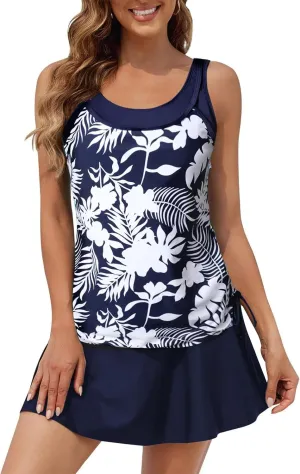 SEAFORM Women's Two-Piece Tankini Swimsuits Tummy Control Bathing Suits False Two-Piece Tankini Top with Swim Dress for Women