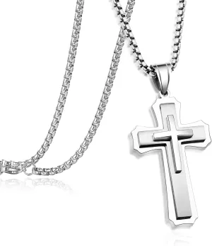 Silver deer [Hypoallergenic Cross Necklace for Men??2in DIY extension?? Stainless Steel Plain Cross Pendant Necklace for Men Box Chain 21.65in