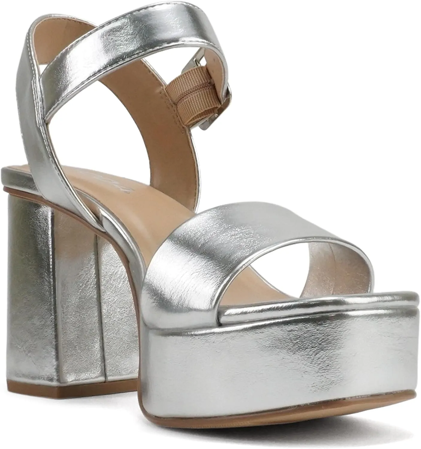 Soda MACEY ~ Women Open Square Toe Single Band High Heel Platform Dress Sandal with Adjustable Ankle Strap