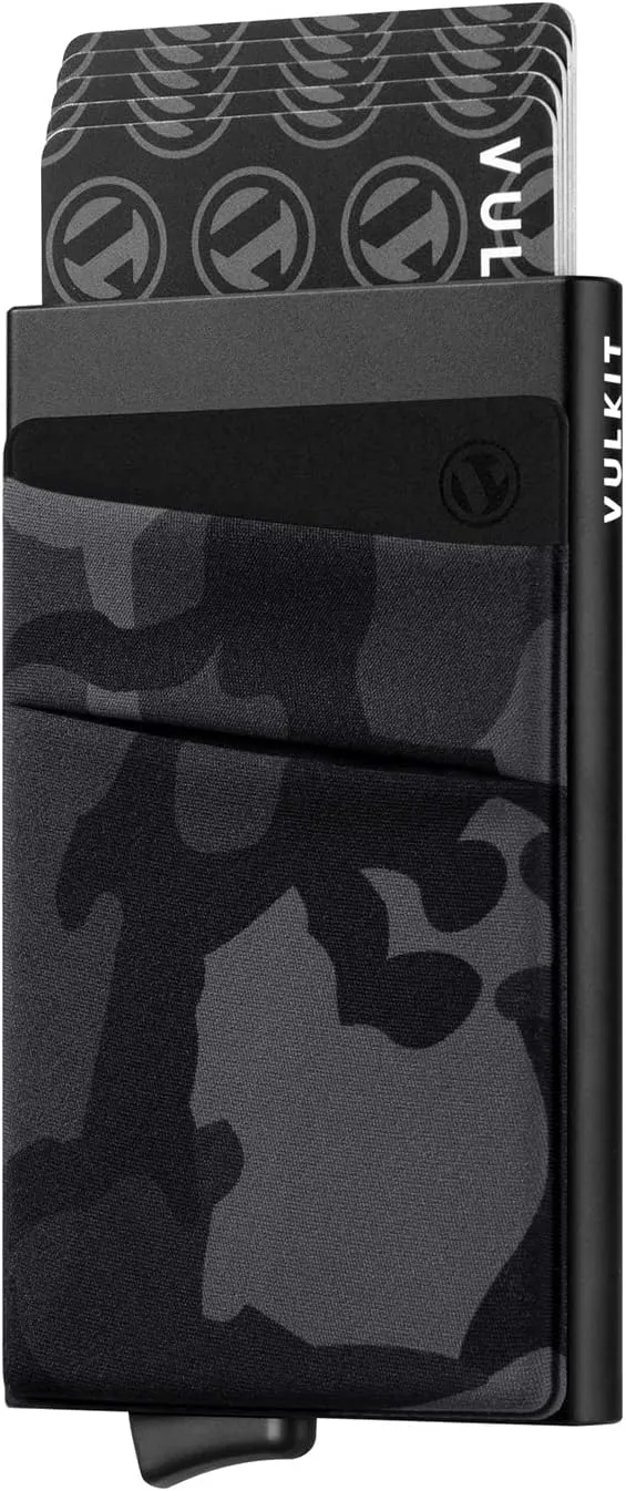 VULKIT Card Holder with Money Pocket Pop Up Wallet RFID Blocking Slim Metal Bank Card Case Holds 5 Cards and Notes(Camouflage Black)