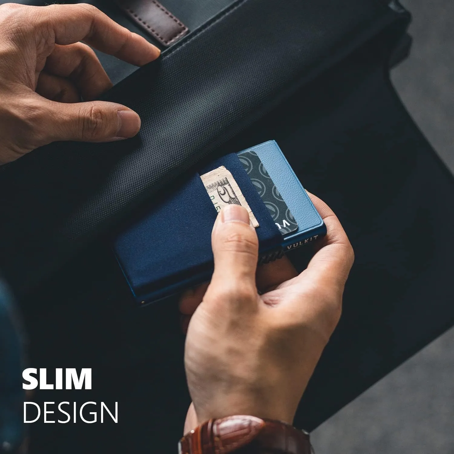 VULKIT Minimalist Wallet with ID Window & EDC Pocket Pop Up Card Holder RFID Blocking Slim Wallet Design for Airtag Cash Coins & Credit Cards (Navy)