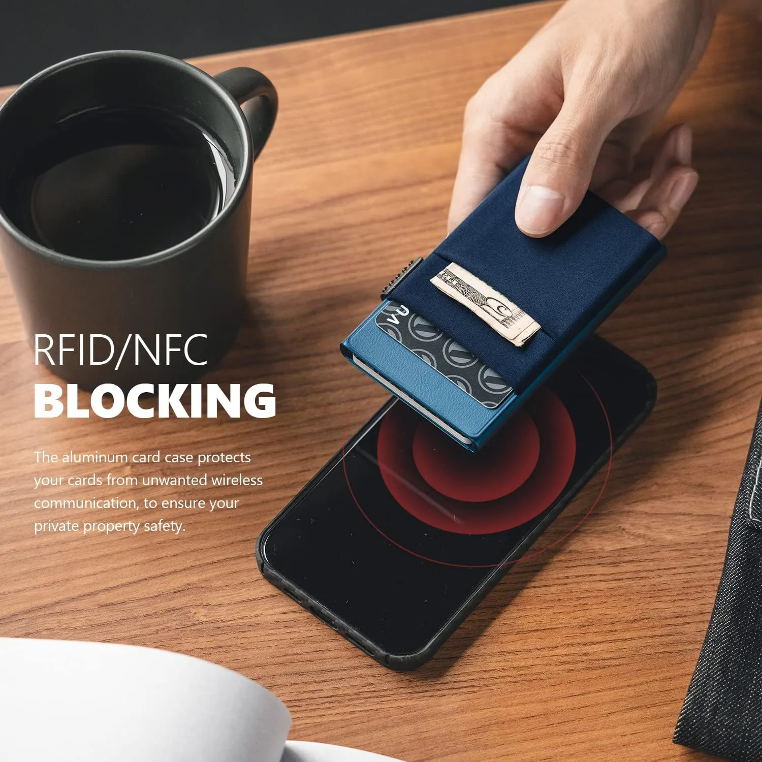 VULKIT Minimalist Wallet with ID Window & EDC Pocket Pop Up Card Holder RFID Blocking Slim Wallet Design for Airtag Cash Coins & Credit Cards (Navy)
