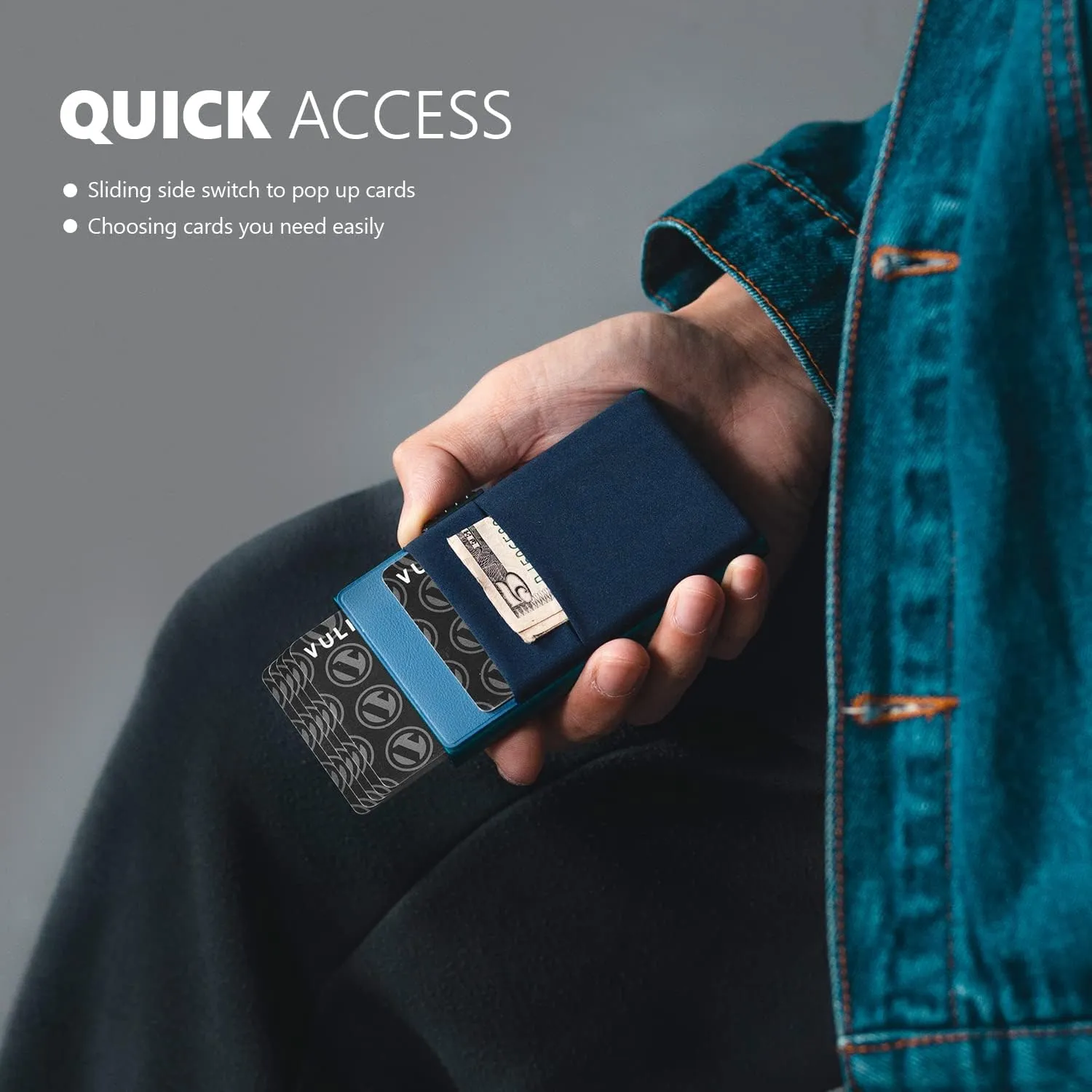 VULKIT Minimalist Wallet with ID Window & EDC Pocket Pop Up Card Holder RFID Blocking Slim Wallet Design for Airtag Cash Coins & Credit Cards (Navy)