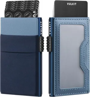 VULKIT Minimalist Wallet with ID Window & EDC Pocket Pop Up Card Holder RFID Blocking Slim Wallet Design for Airtag Cash Coins & Credit Cards (Navy)