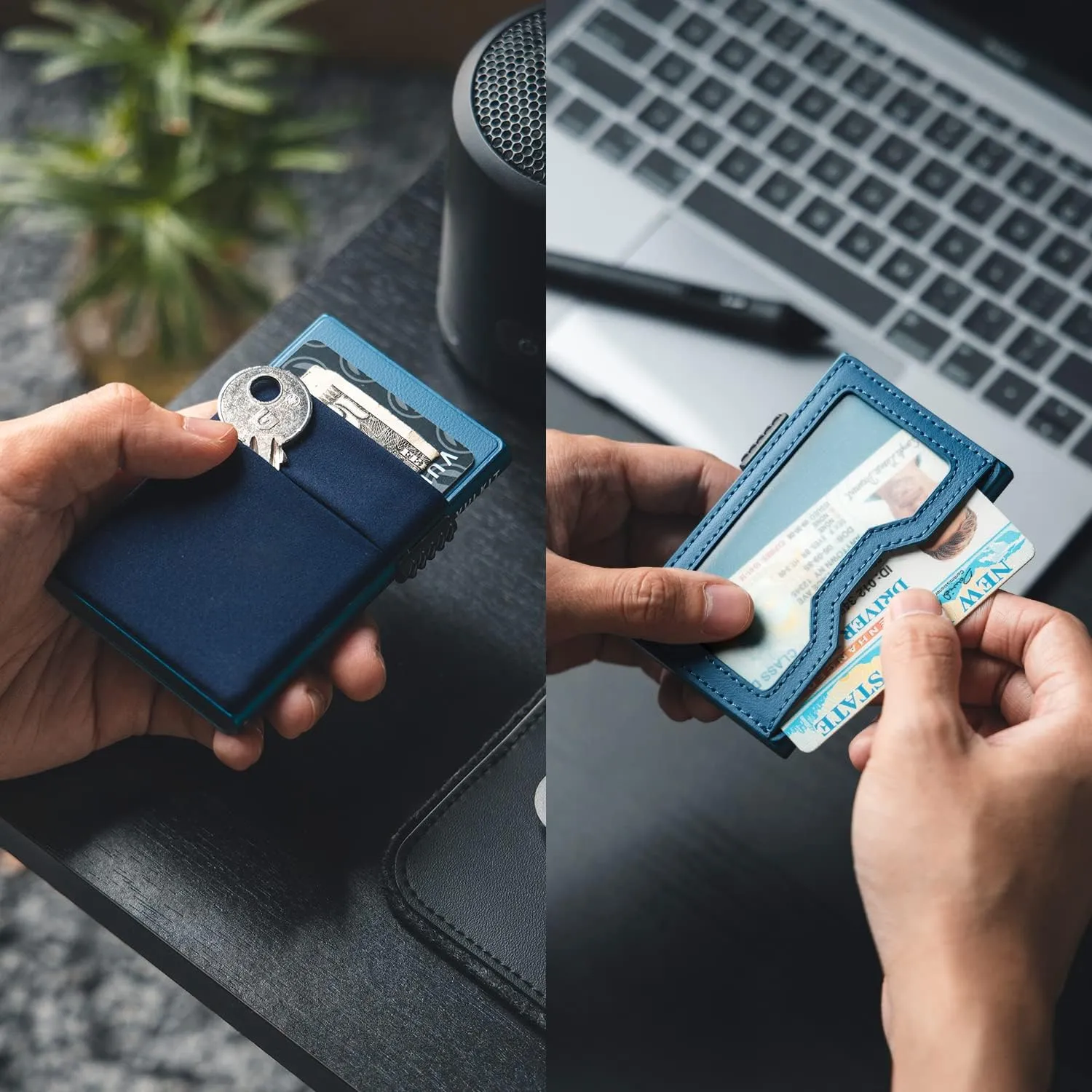 VULKIT Minimalist Wallet with ID Window & EDC Pocket Pop Up Card Holder RFID Blocking Slim Wallet Design for Airtag Cash Coins & Credit Cards (Navy)